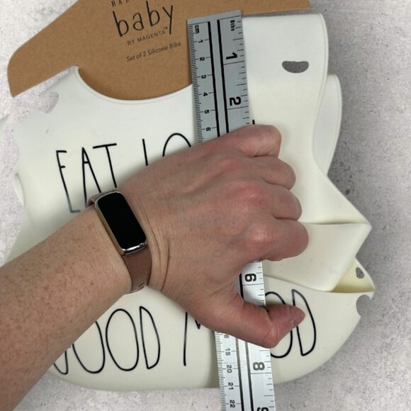 NWT Rae‎ Dunn Baby by Magenta Set of Two Silicone Bibs Eat Local Good Mood White - Picture 5 of 6